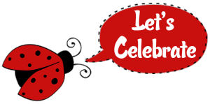'Lets Celebrate' Ladybug clipart in speech bubble