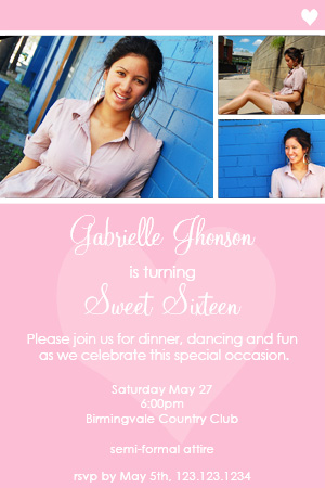 A beautiful invitation with room for up to 3 photos of your sweet girls 16th 