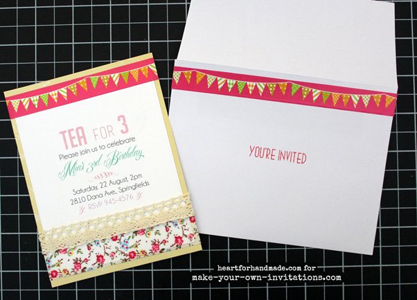 Tea party invitations and stamped matching envelope